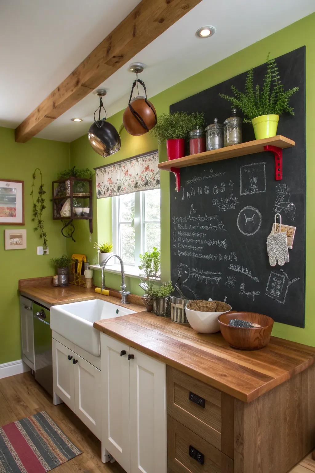 A kitchen green wall with engaging elements that captivate and delight.