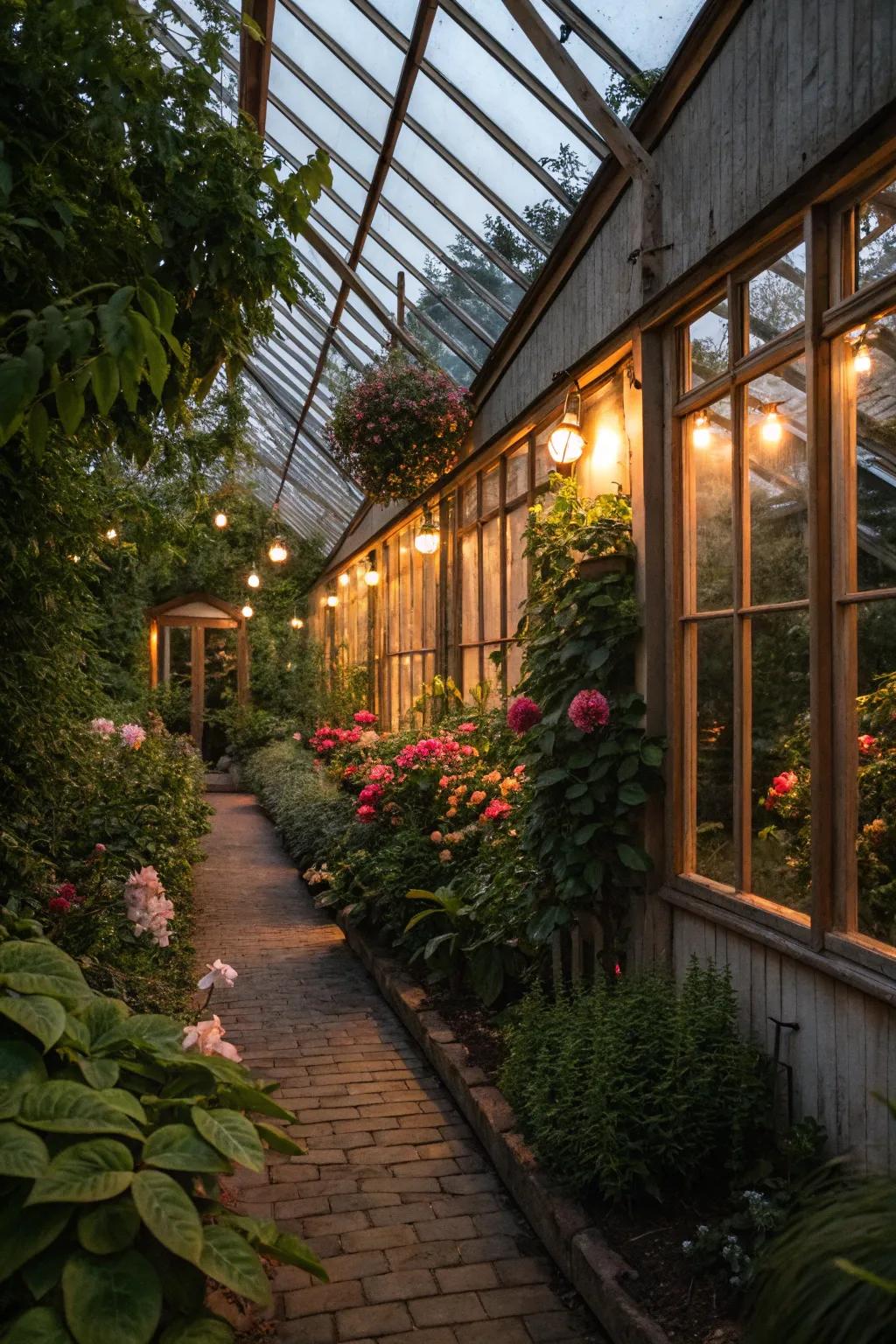 Atmospheric lighting adds a magical touch to a greenhouse setting.