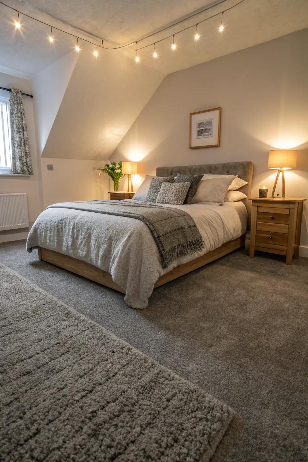 Accent lighting highlights the texture and beauty of the grey carpet.