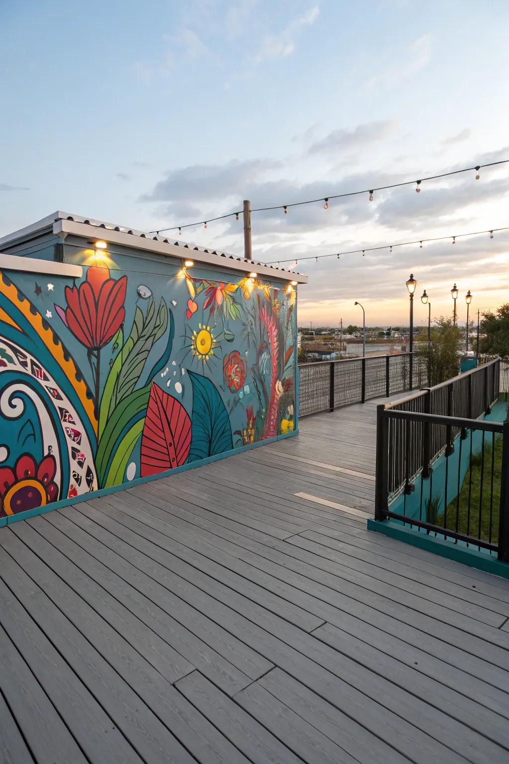 Vibrant art piece adding personality to a grey deck.