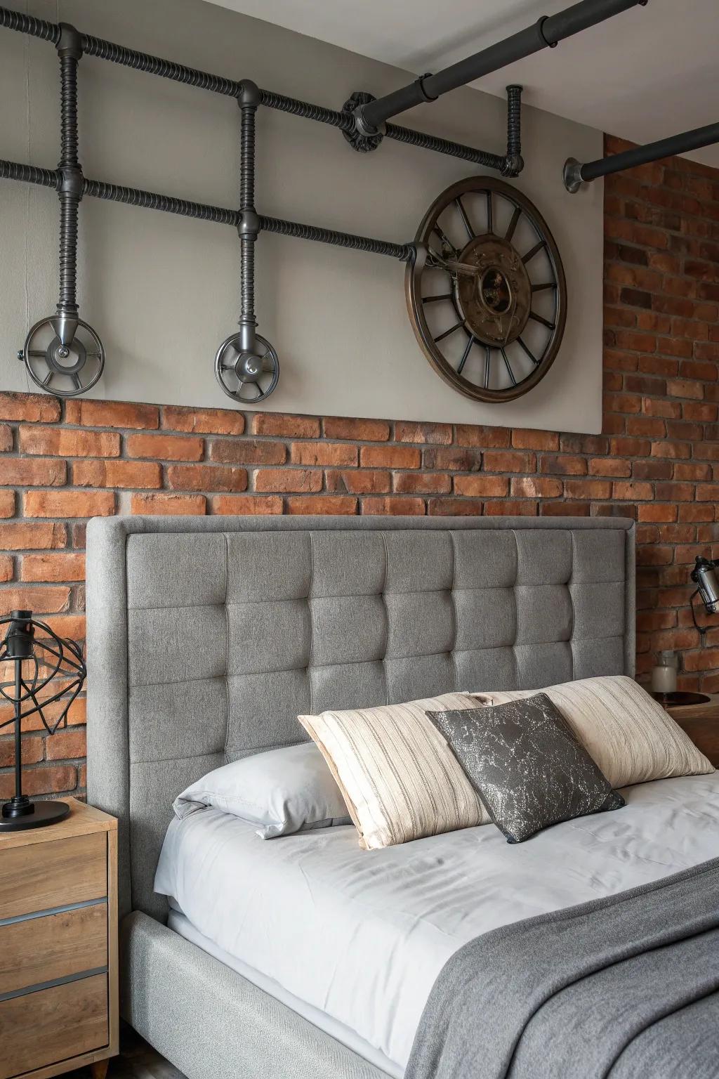 Industrial elements add character to a bedroom with a grey headboard.