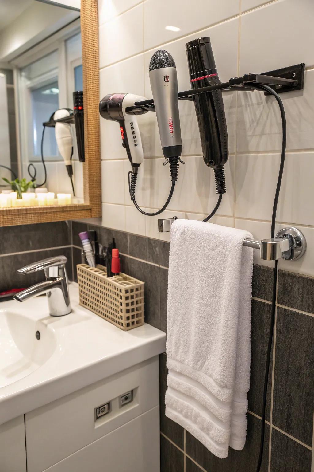 Space-conserving towel bar accessories promote effective device storage.