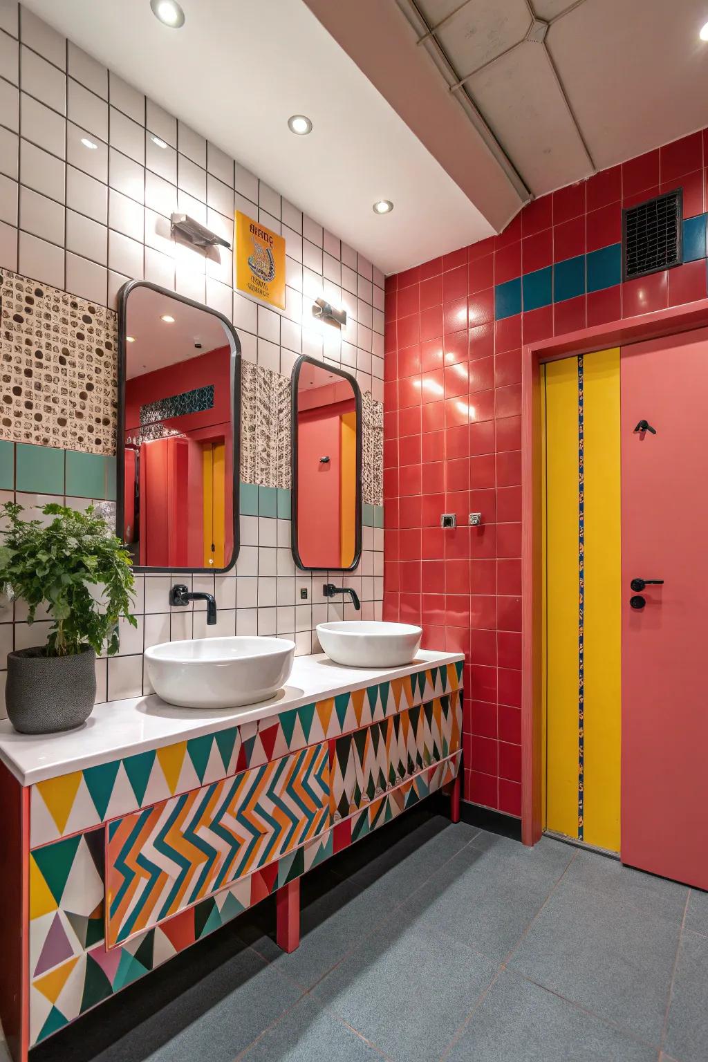 Bold color accents make this bathroom vibrant.