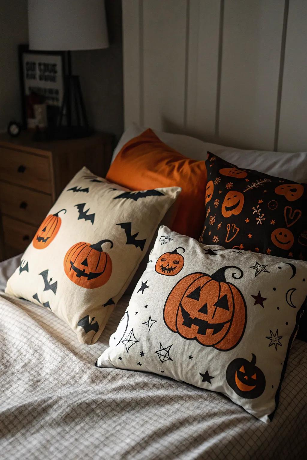 Themed cushions append a lively feature to your Halloween aesthetic.