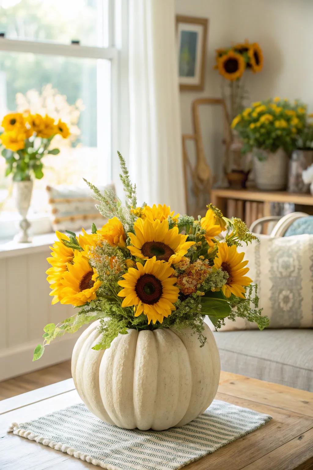 Radiant sunflowers in a melon vase present a cheerful spin to Halloween styling.