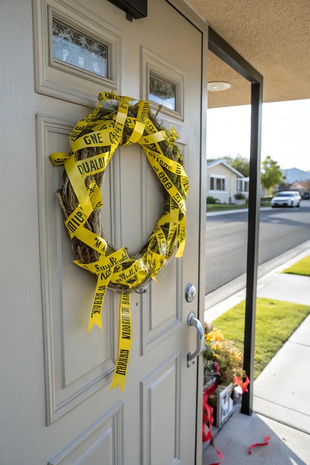 A distinctive Halloween garland fashioned from hazard tape.