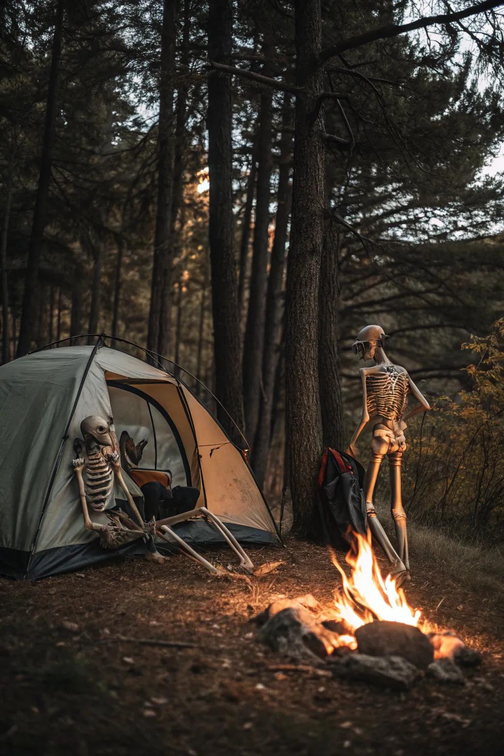 Encampment skeletal figures fashion a warm and inviting Halloween spectacle.