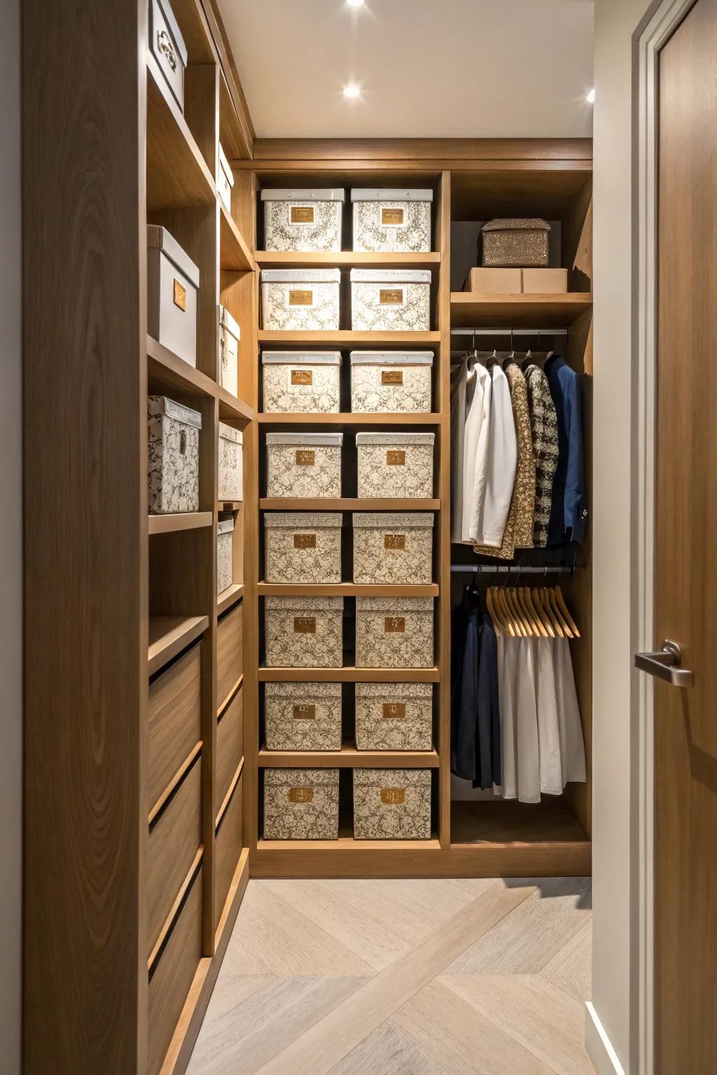 Ornamental boxes inside a hallway closet that presents a blend of style and functionality.