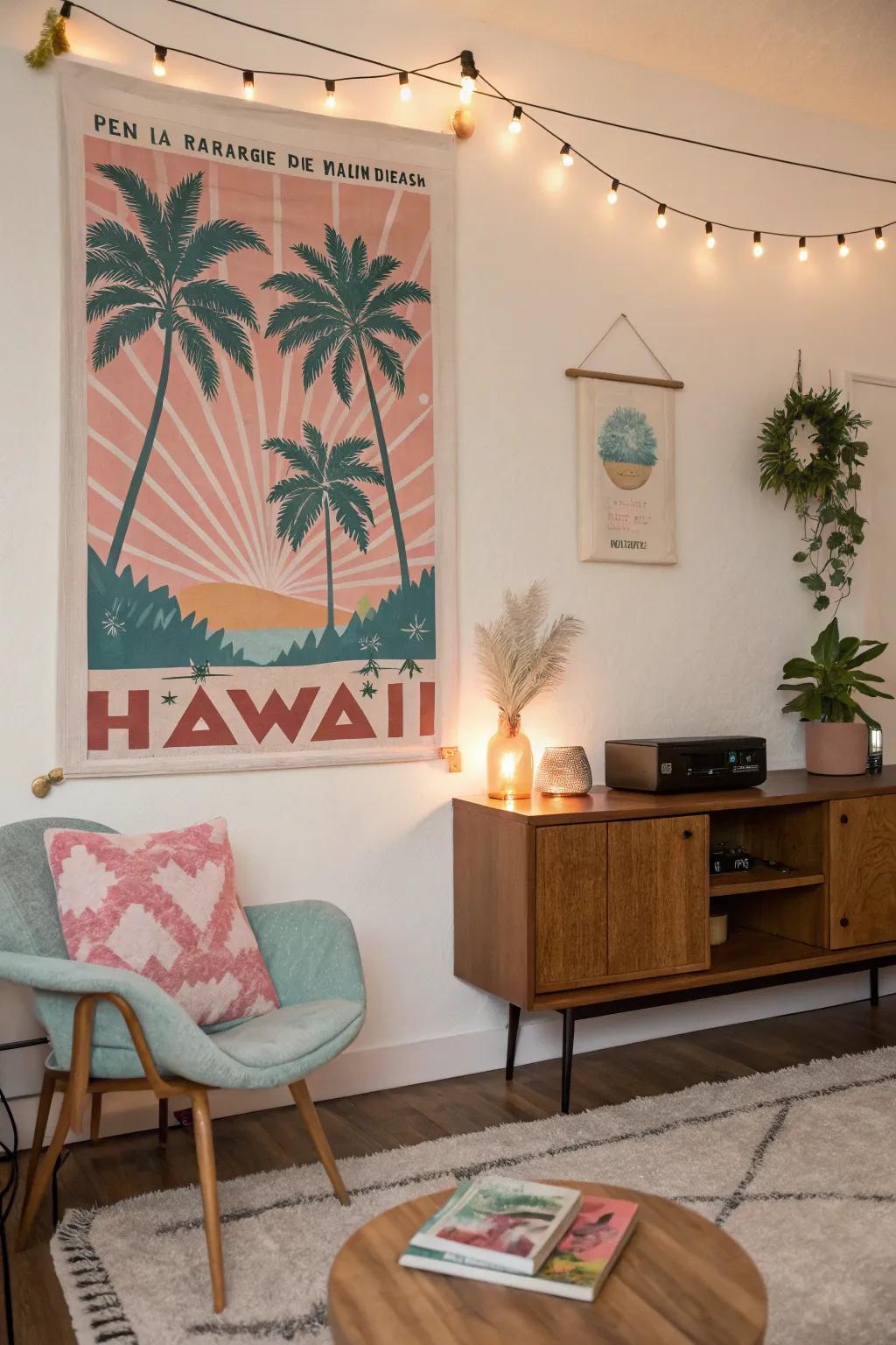 A retro island-themed visual injecting charm into a mid-century modern space.