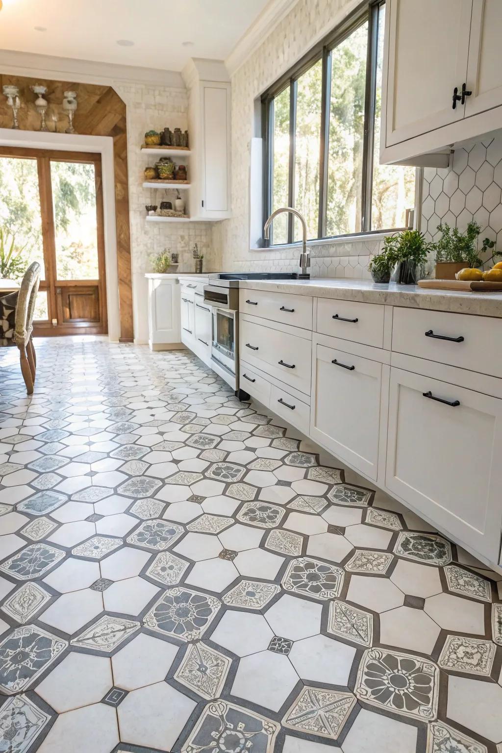 Geometric symmetry with geometric tiles offers a balanced kitchen aesthetic.