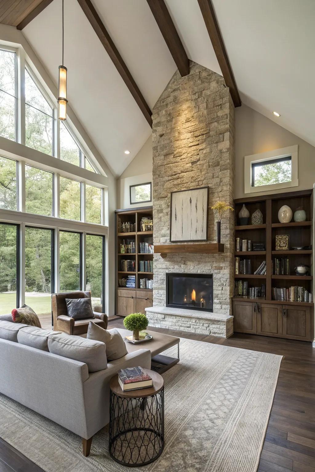 A fireplace that is positioned away from the center contributes functionality and style.
