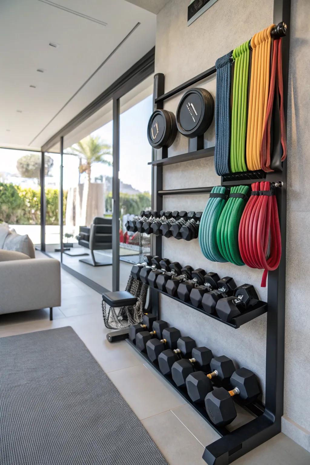 Storage solutions: Keep your fitness space organized.