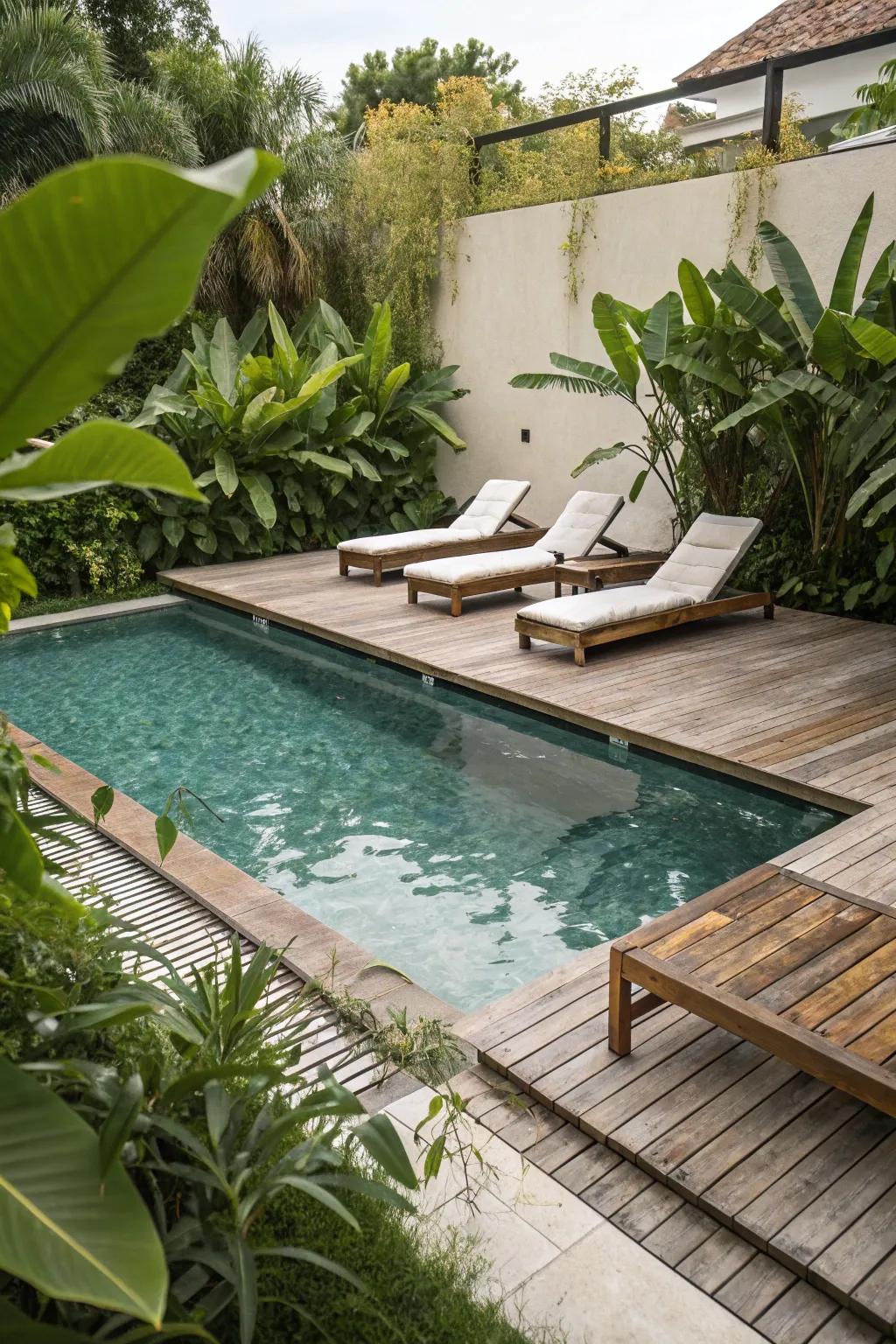 A drifting pool deck providing fashionable lounging options.