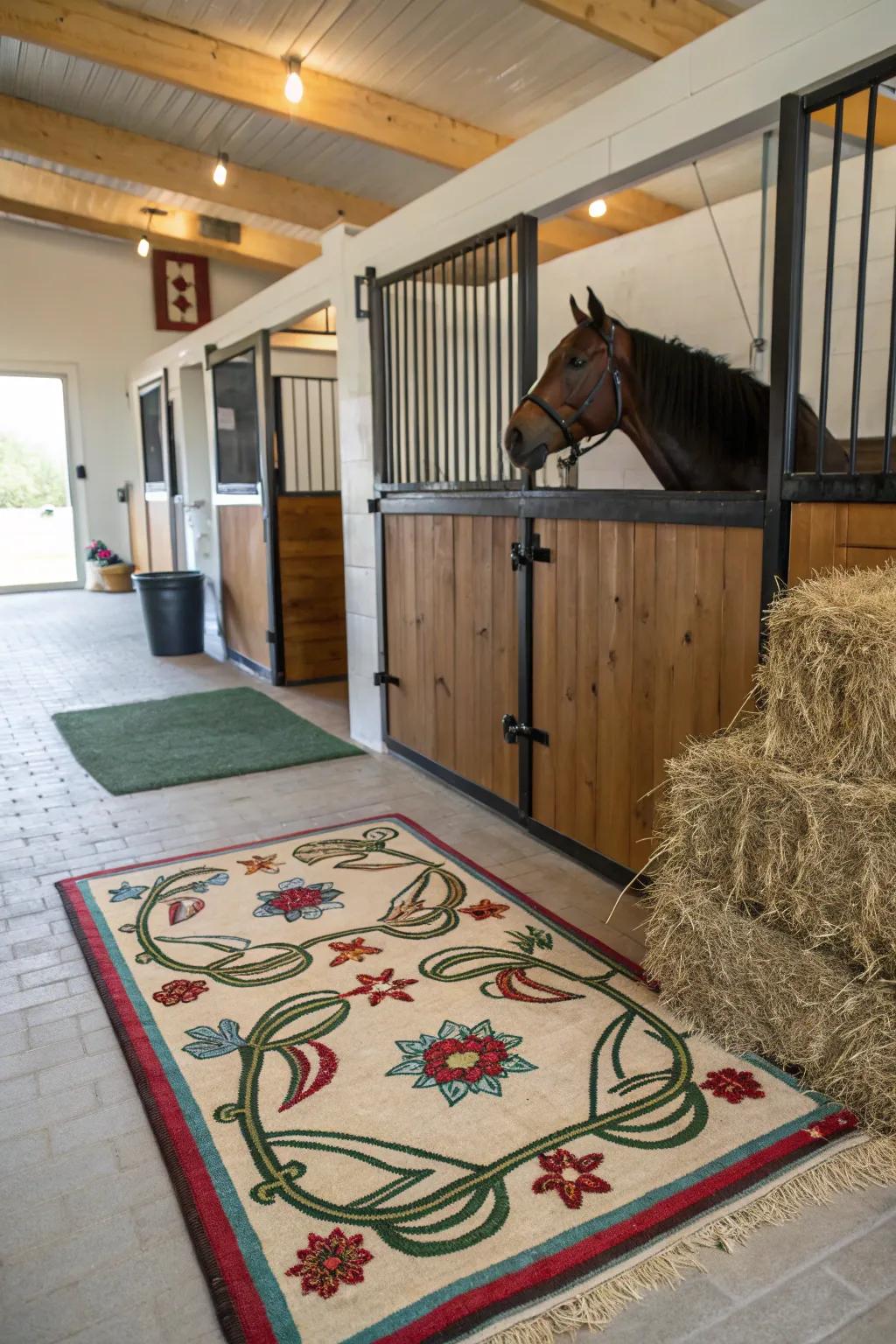 Themed floor coverings contribute warmth and style to the stall floor.