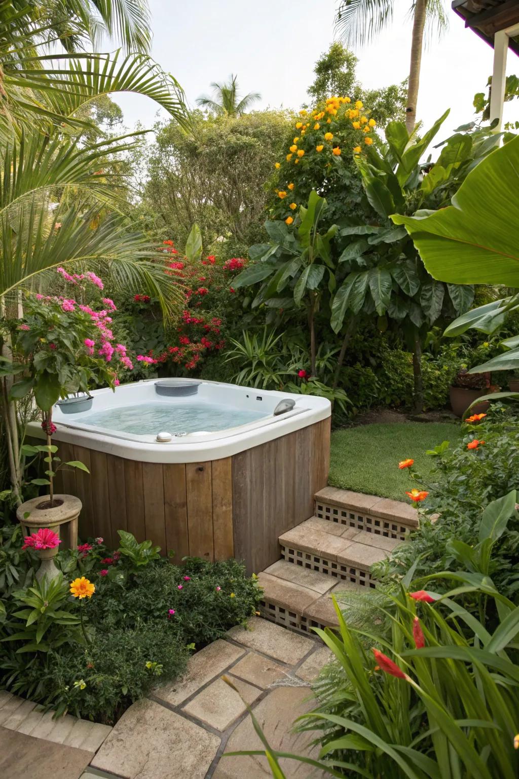 Abundant tropical plantings fashion a vacation-esque retreat surrounding the <strong><em>hot tub</em></strong>.” loading=”lazy” class=”pimg”>
	</picture><figcaption>Abundant tropical plantings fashion a vacation-esque retreat surrounding the <strong><em>hot tub</em></strong>.</figcaption></figure>
<p>Establish a tropical paradise with exotic flora and vibrant blooms surrounding your <strong><em>hot tub</em></strong>. It’s a personal favorite of mine for transforming the area into a vacation-esque retreat.</p>
<h3>Possibly helpful picks:</h3>
<ul class=