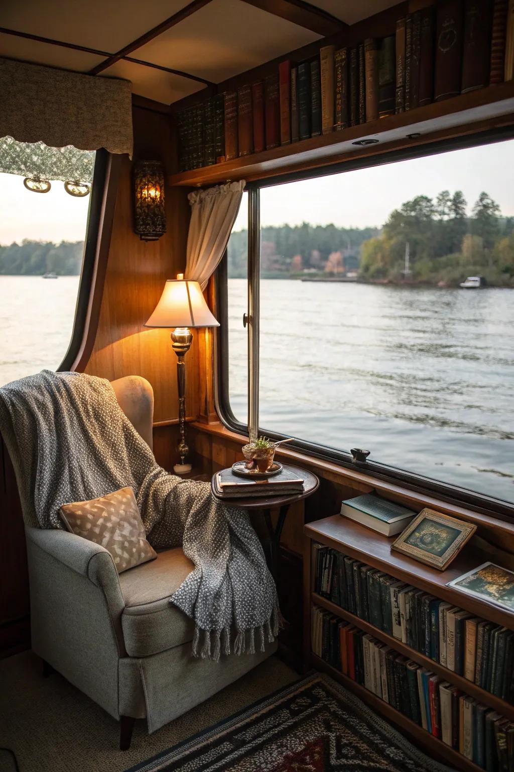 This houseboat features a cozy reading nook that offers a tranquil getaway.