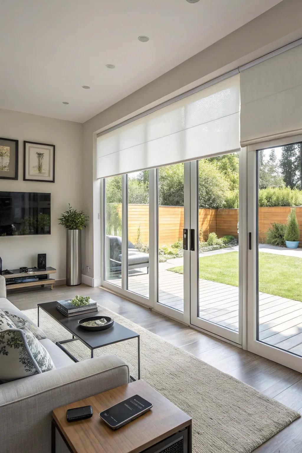 Motorized shades add contemporary ease.