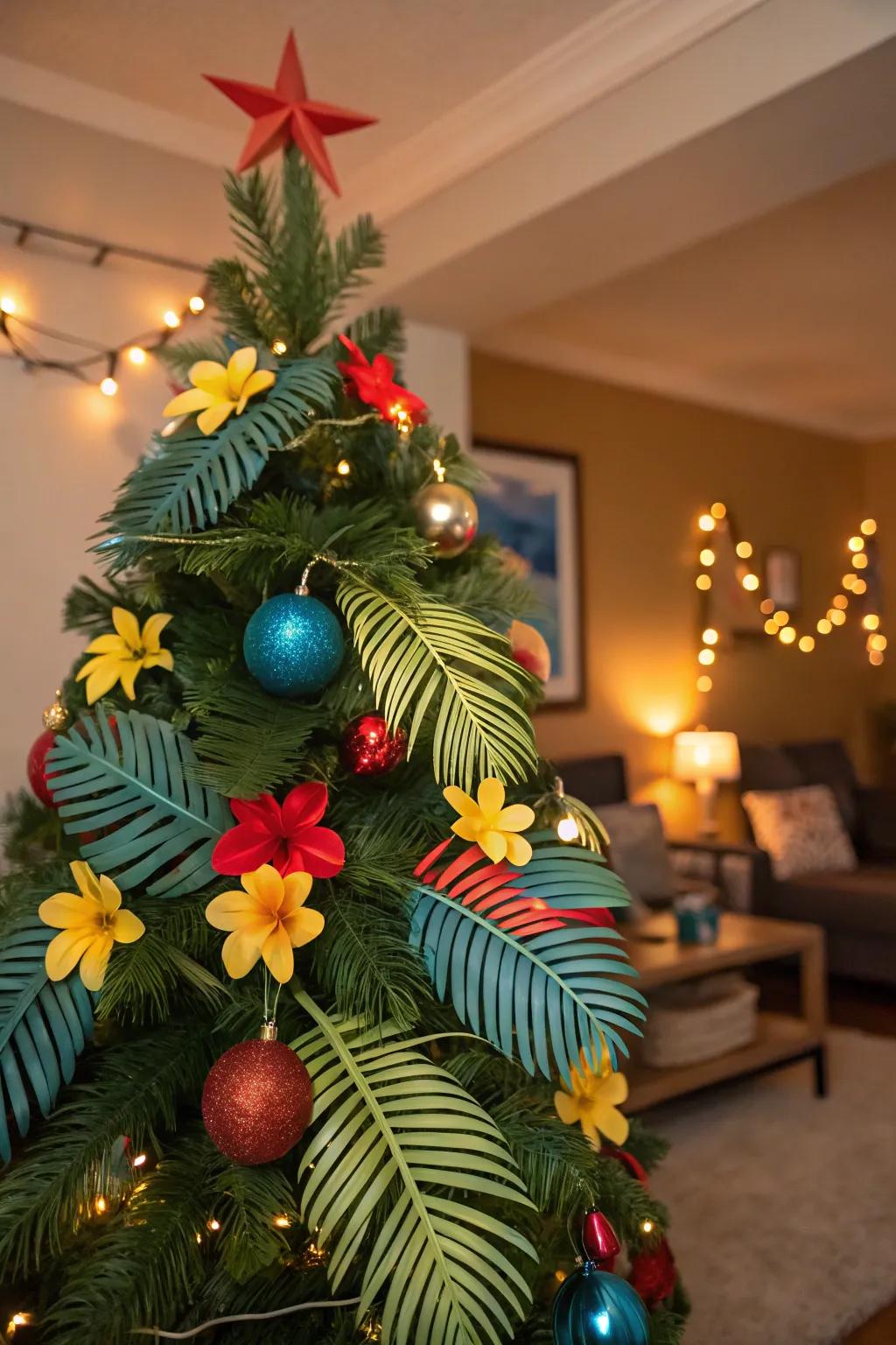 A tropical Christmas tree with vibrant decorations and palm accents.