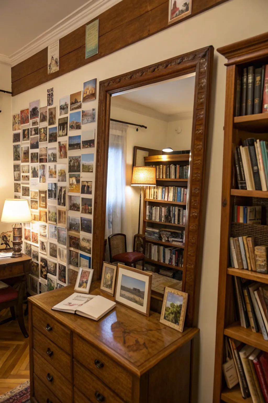 Personal memorabilia around a mirror creates a meaningful focal point.