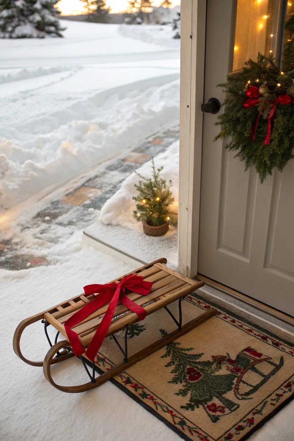 A welcoming sled enhanced with a festive entryway mat