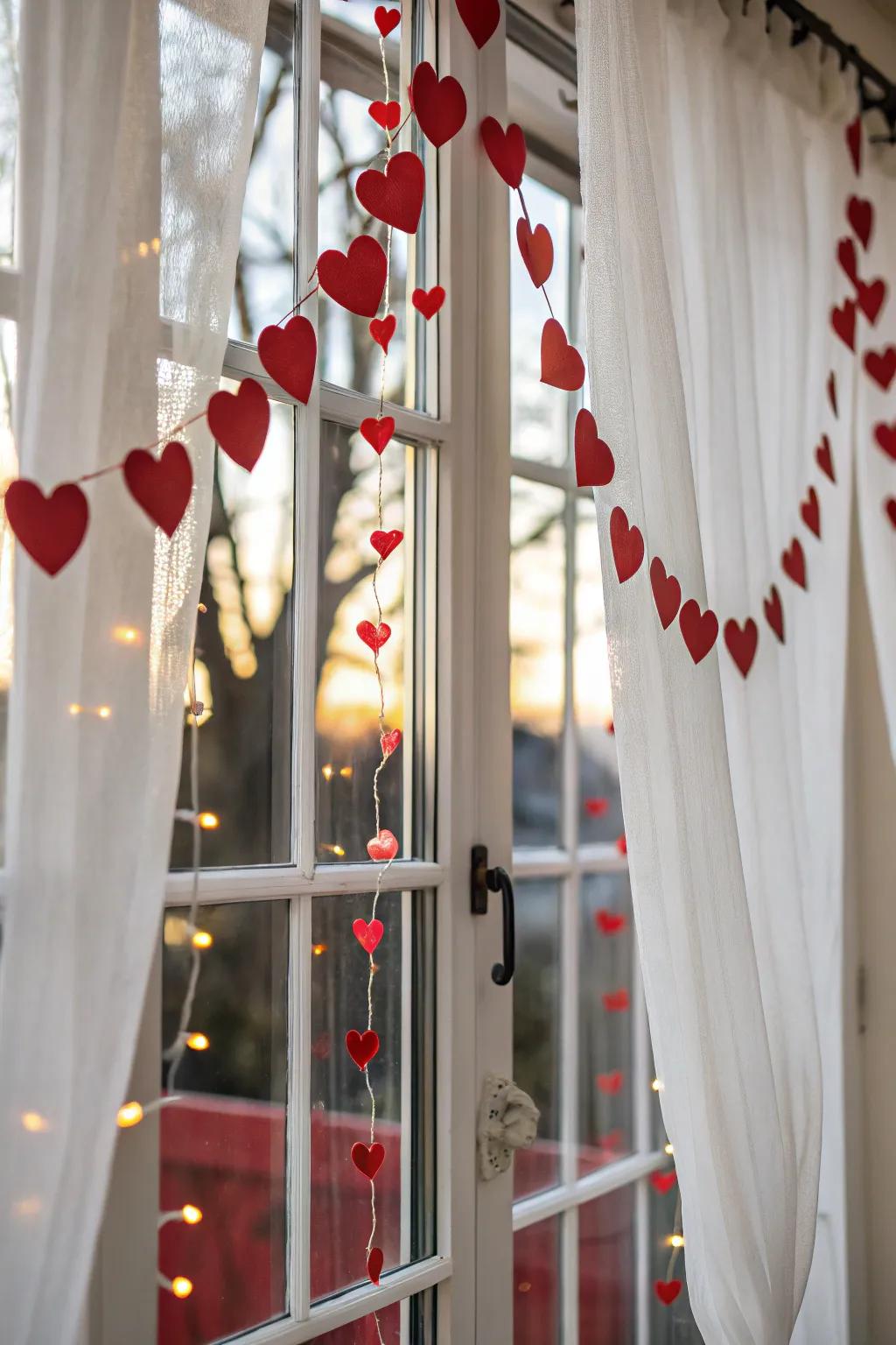 Heart garland adds charm to windows.