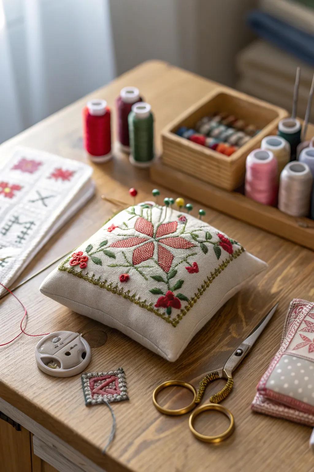 Cross-stitch fasten cushions add charm to stitching stations.