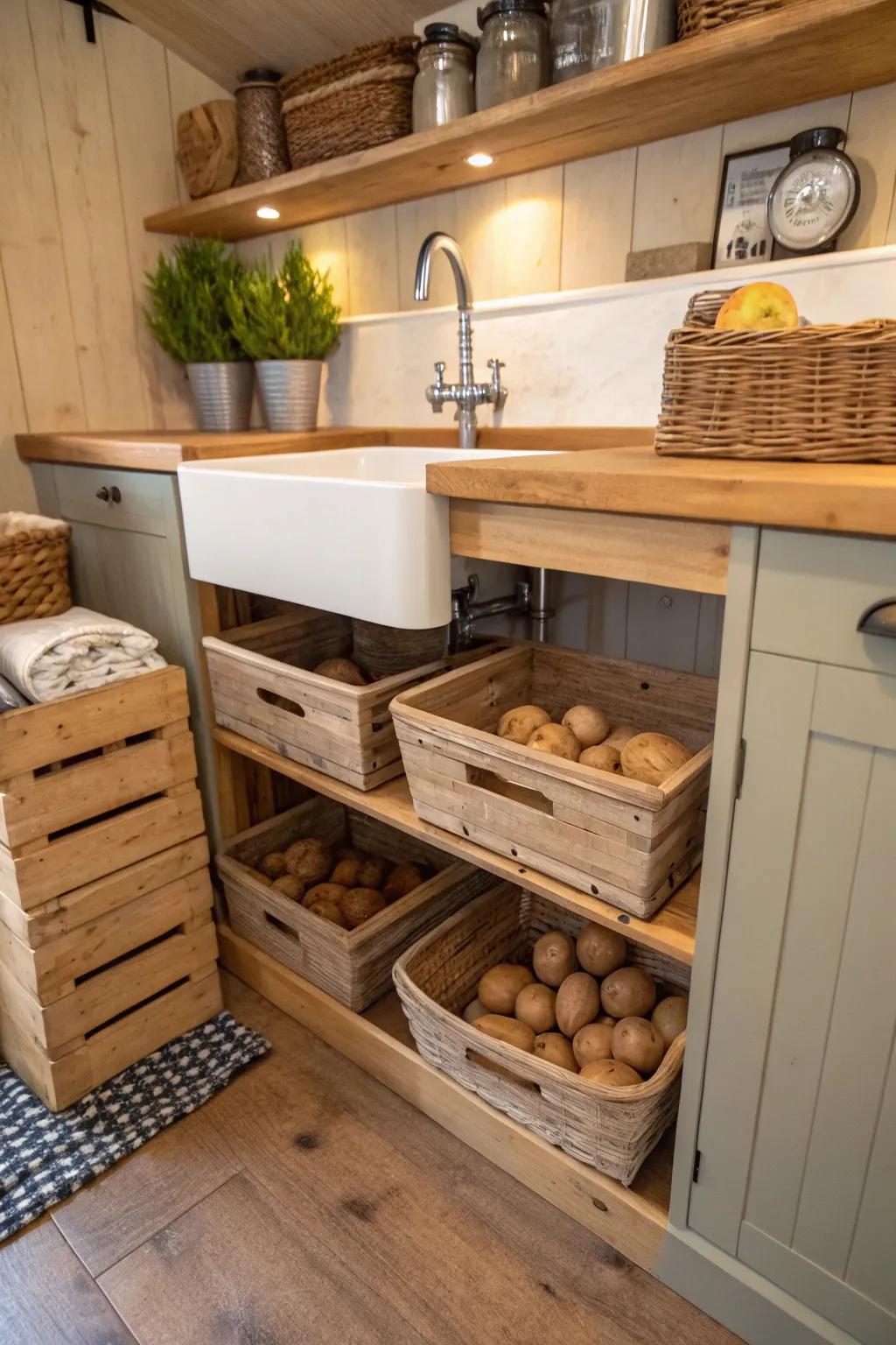 Employ the under-sink area innovatively for stashing root vegetables.