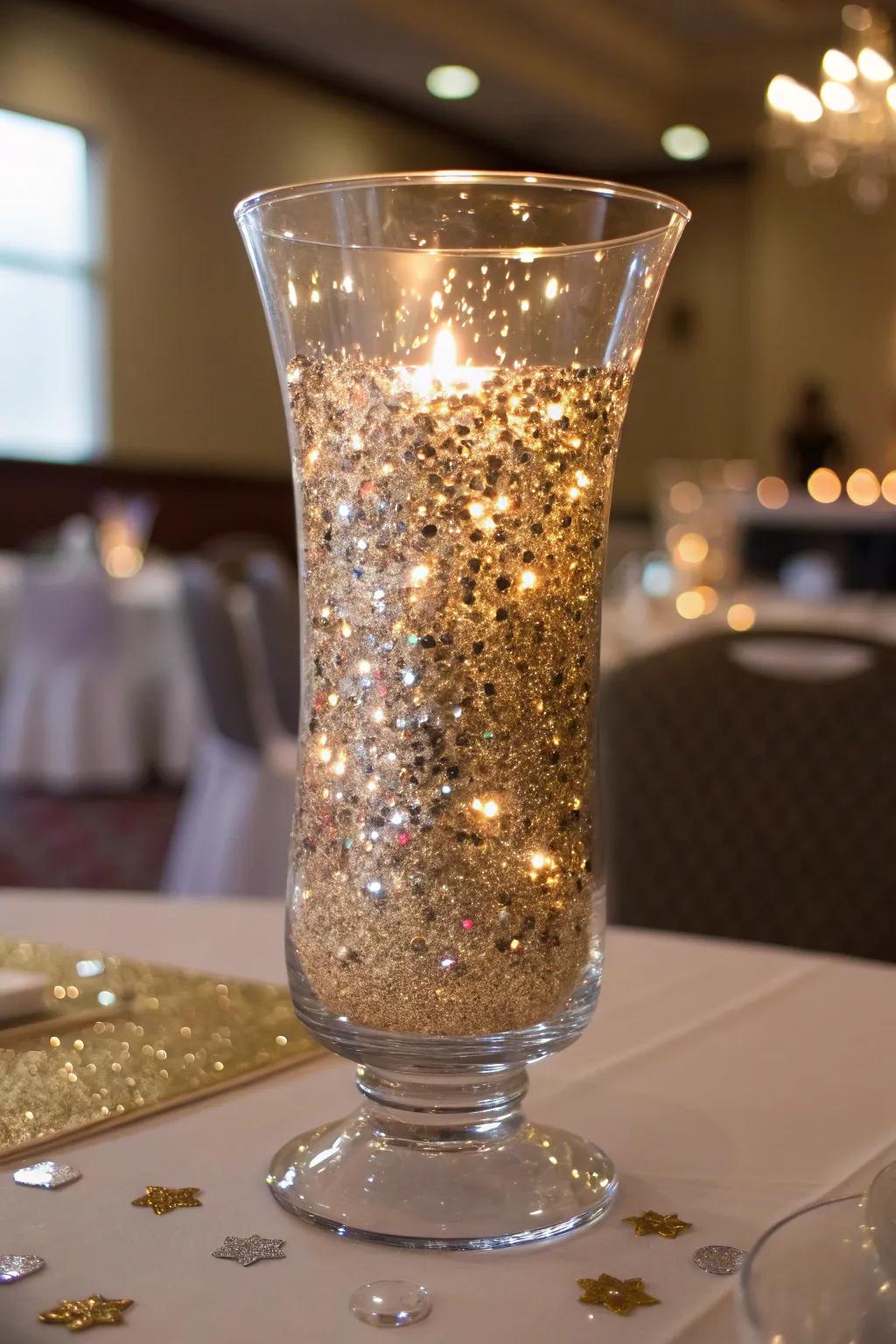 Shimmering glitter and metal-toned confetti contained in a wind-resistant holder for a touch of glamour.