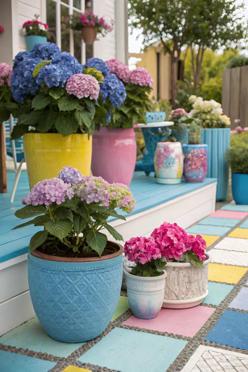 Diverse assortment of pots highlighting hydrangeas on a colorful patio.