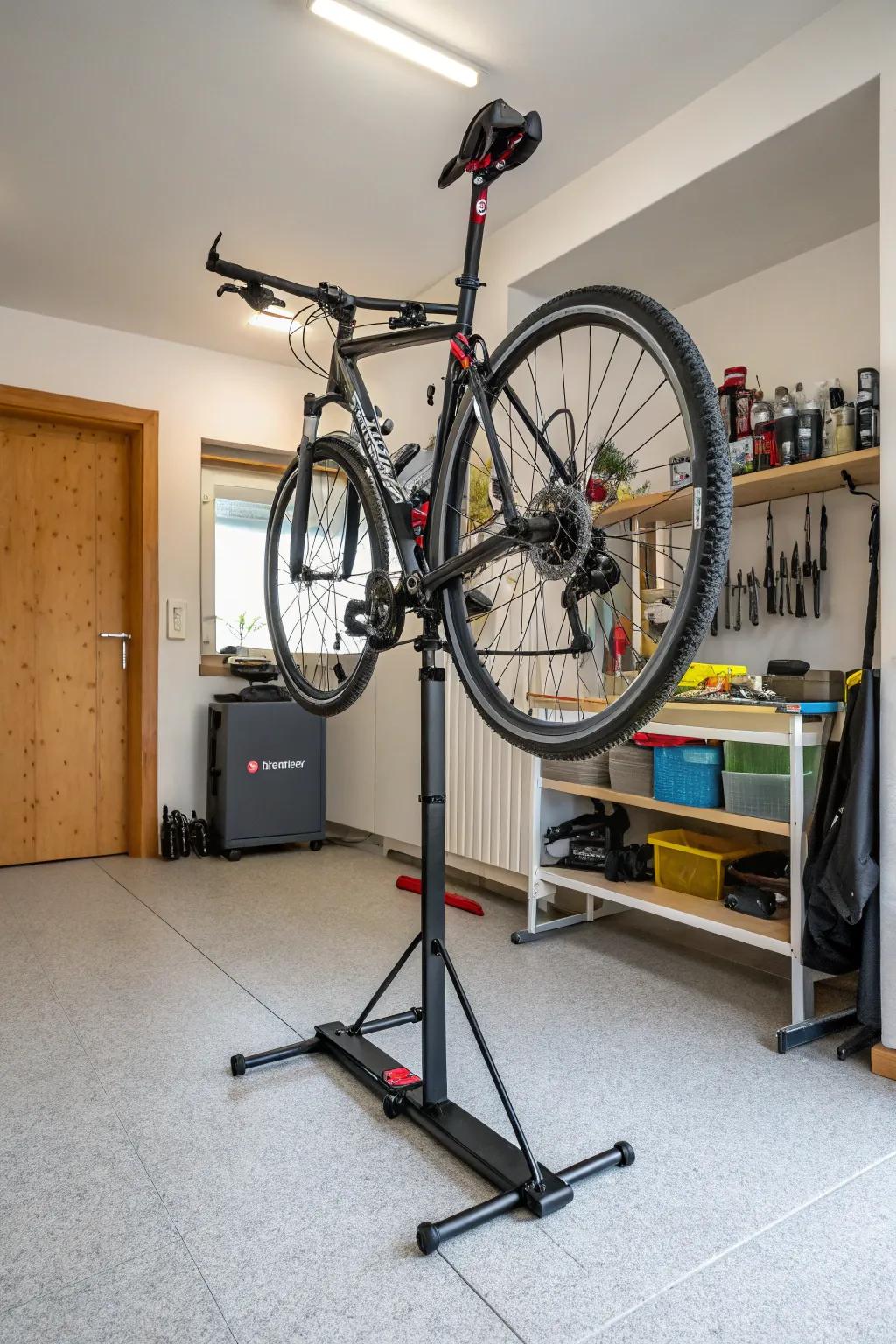 Portable bike stands provide versatile storage options.