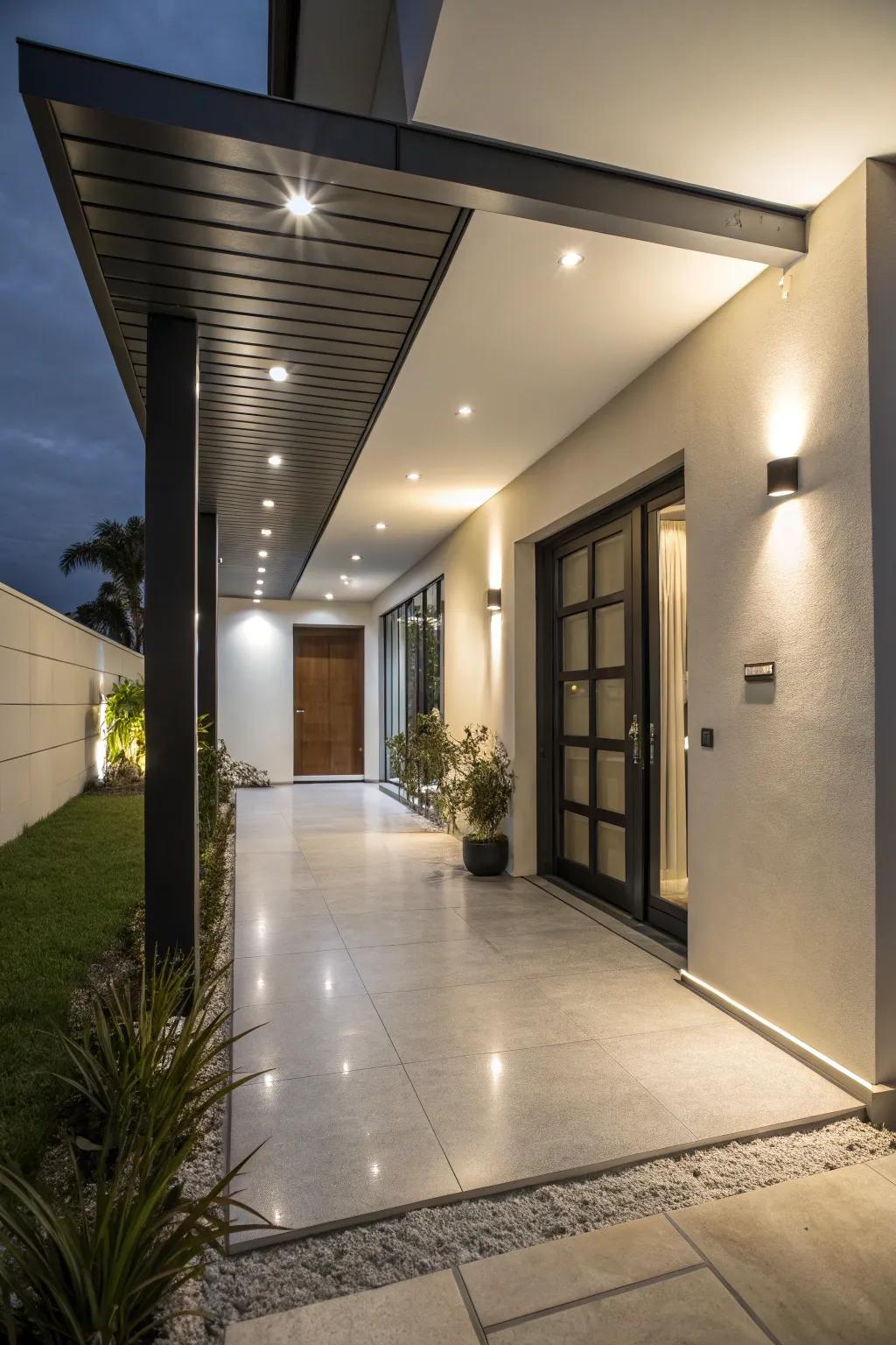 A stylish entryway lit with industrial LED canopy lights