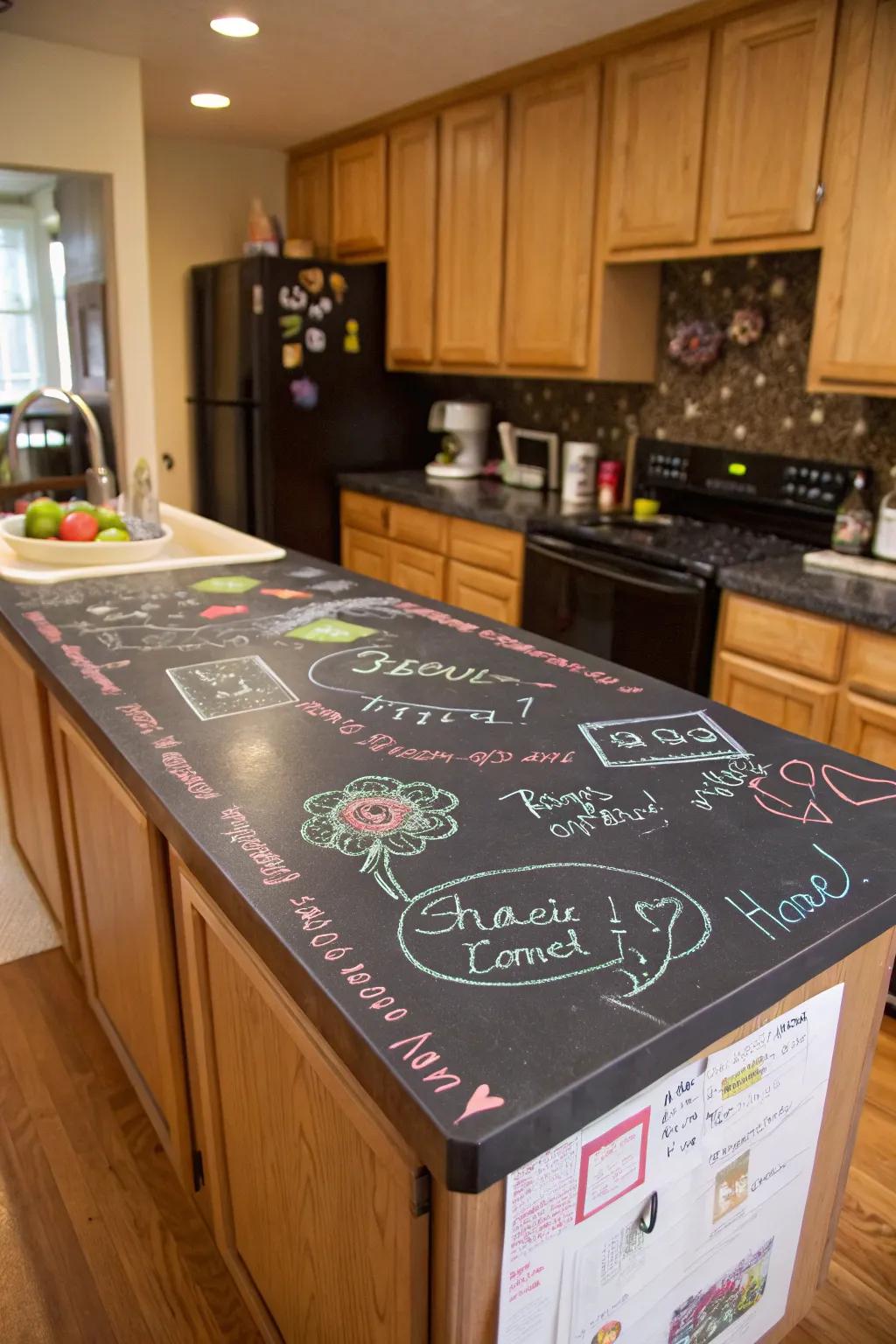 Blackboard paint turns countertops into a dynamic and interactive space.