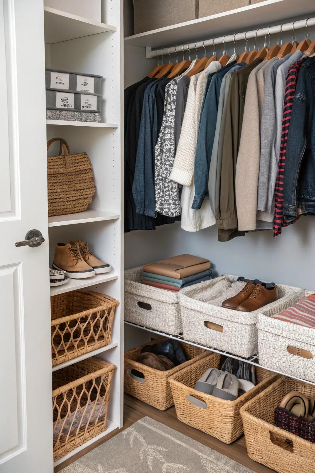 Use under-shelf baskets in your closet to optimize storage.
