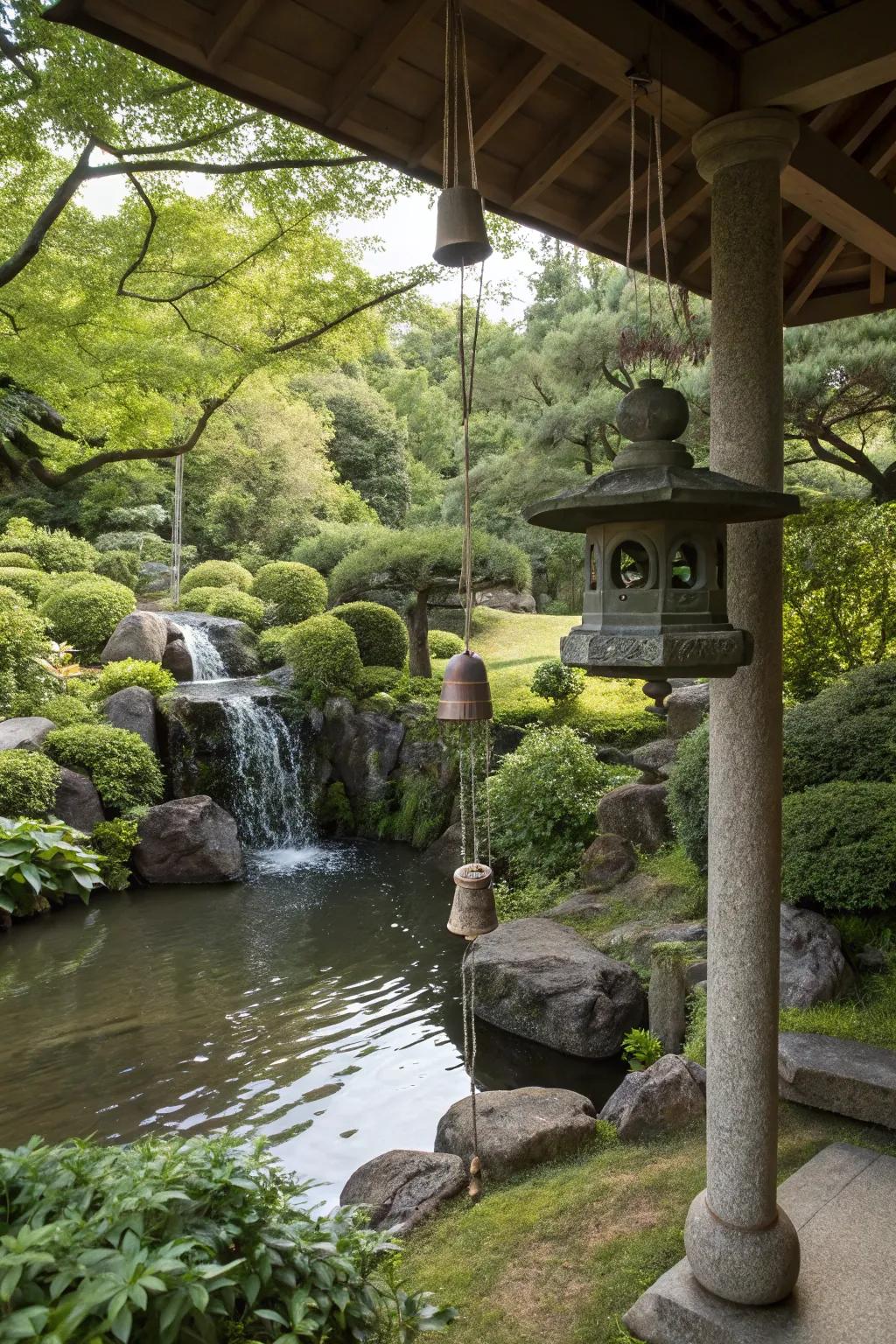 A small waterfall and breeze bells in a Japanese garden.