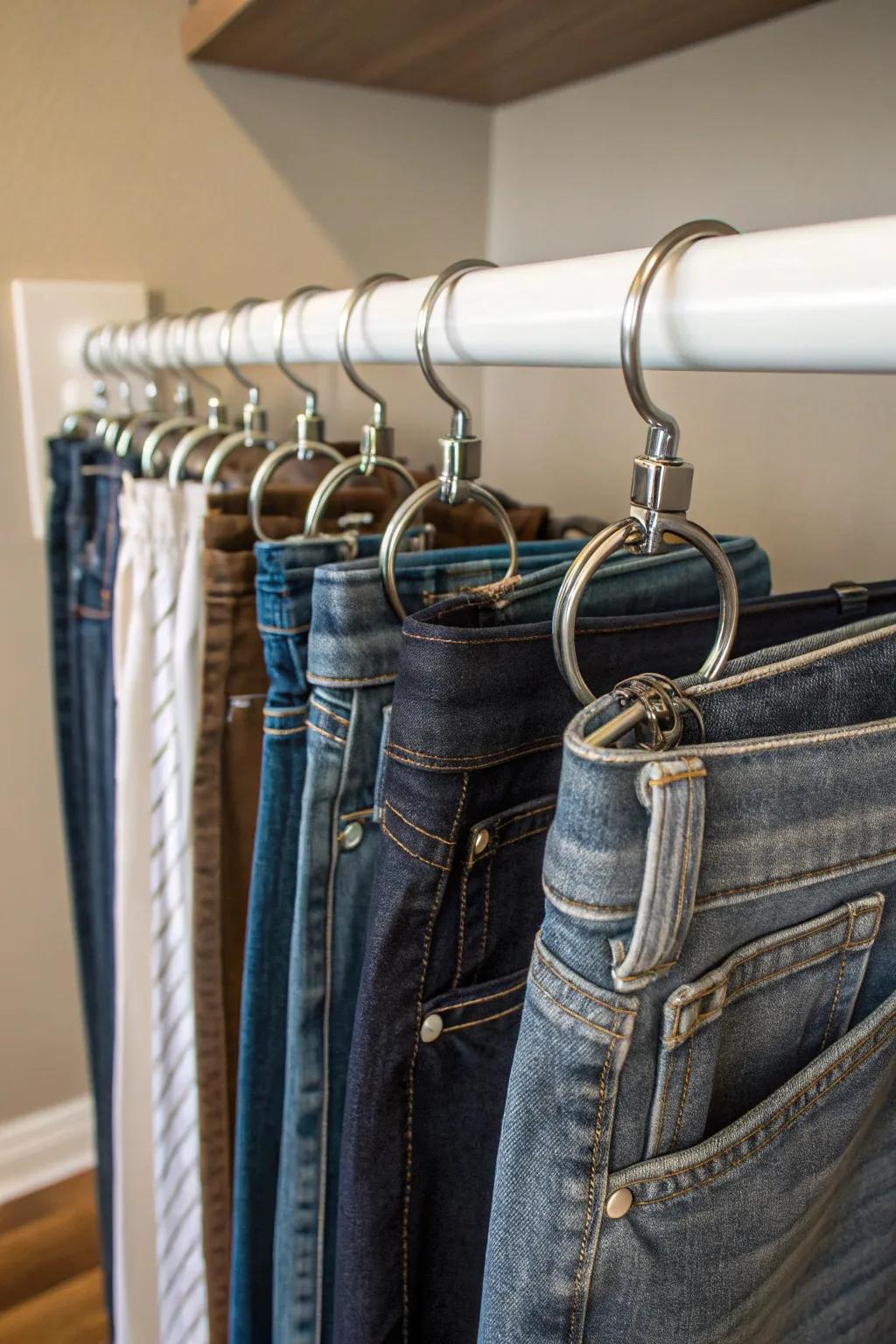 Curtain rings as a unique way to hang jeans.