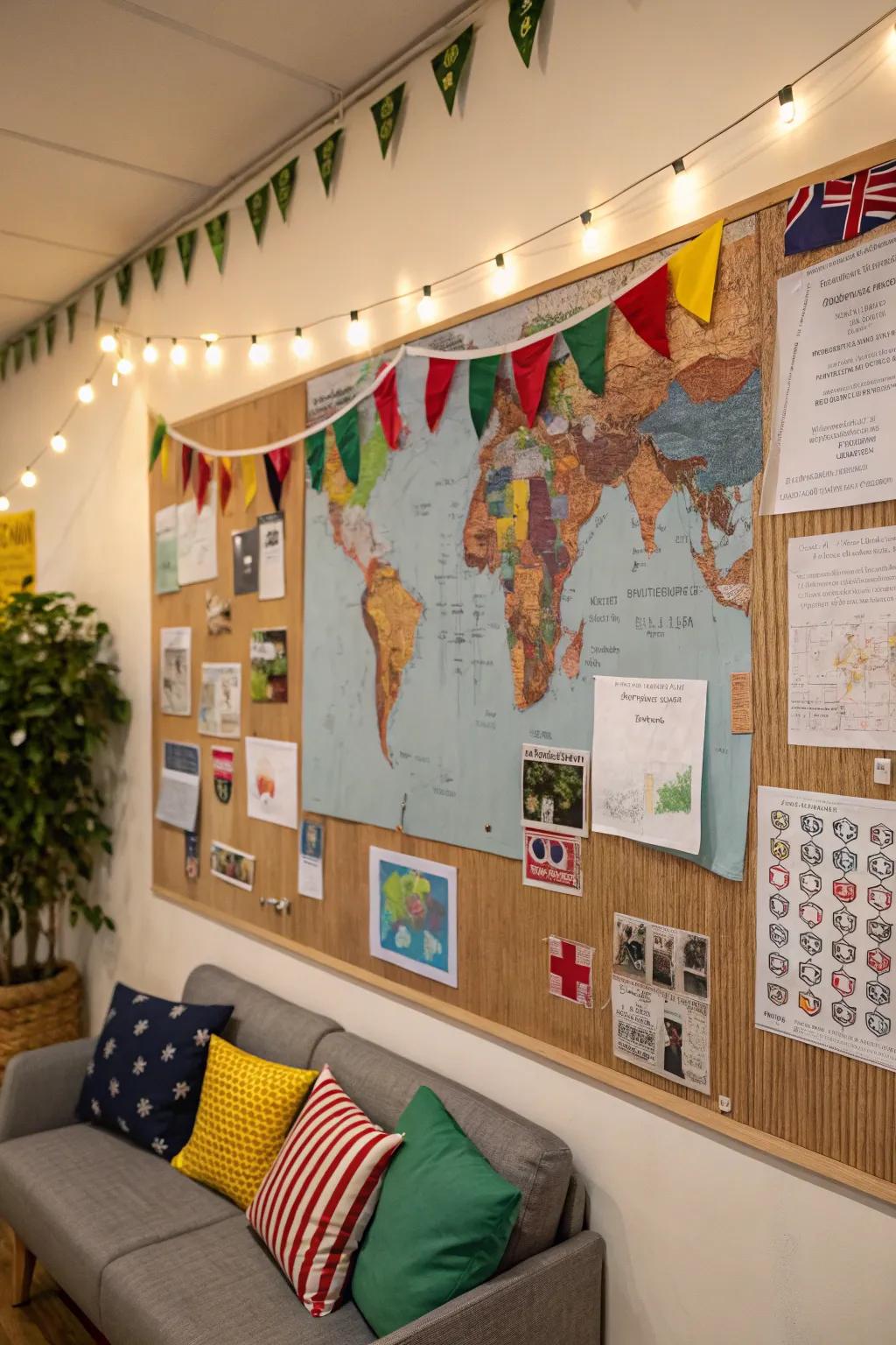 A global-themed living space showcases a bulletin board filled with world kindness stories and traditions.