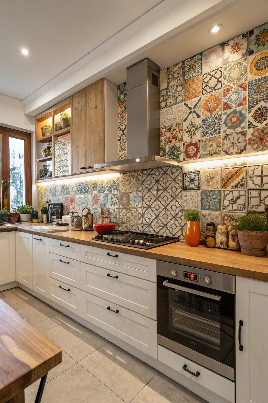 Mixing clay tiles offers a creative and eclectic backsplash design.
