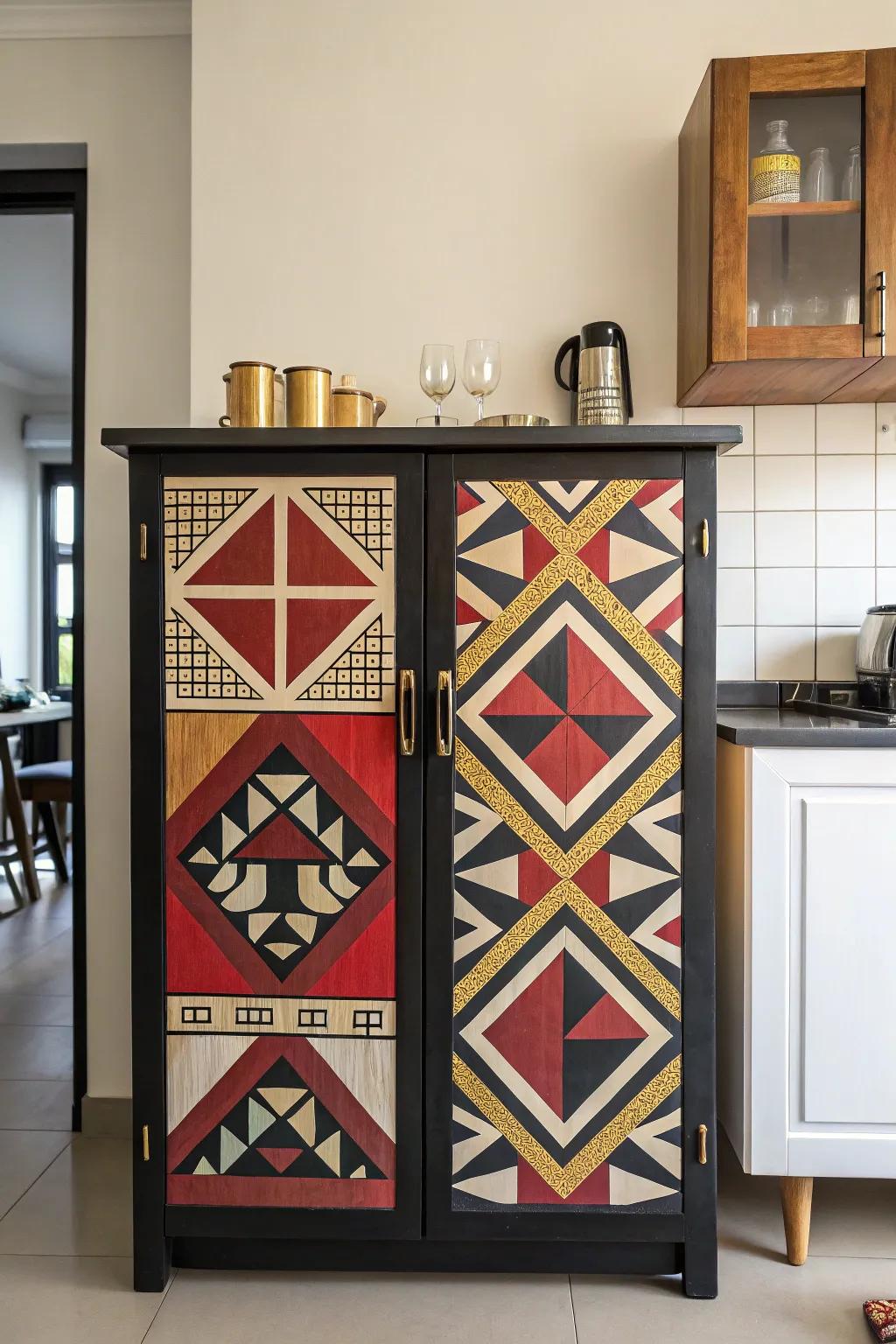 Geometric patterns give a modern edge to this stylish bar cabinet.