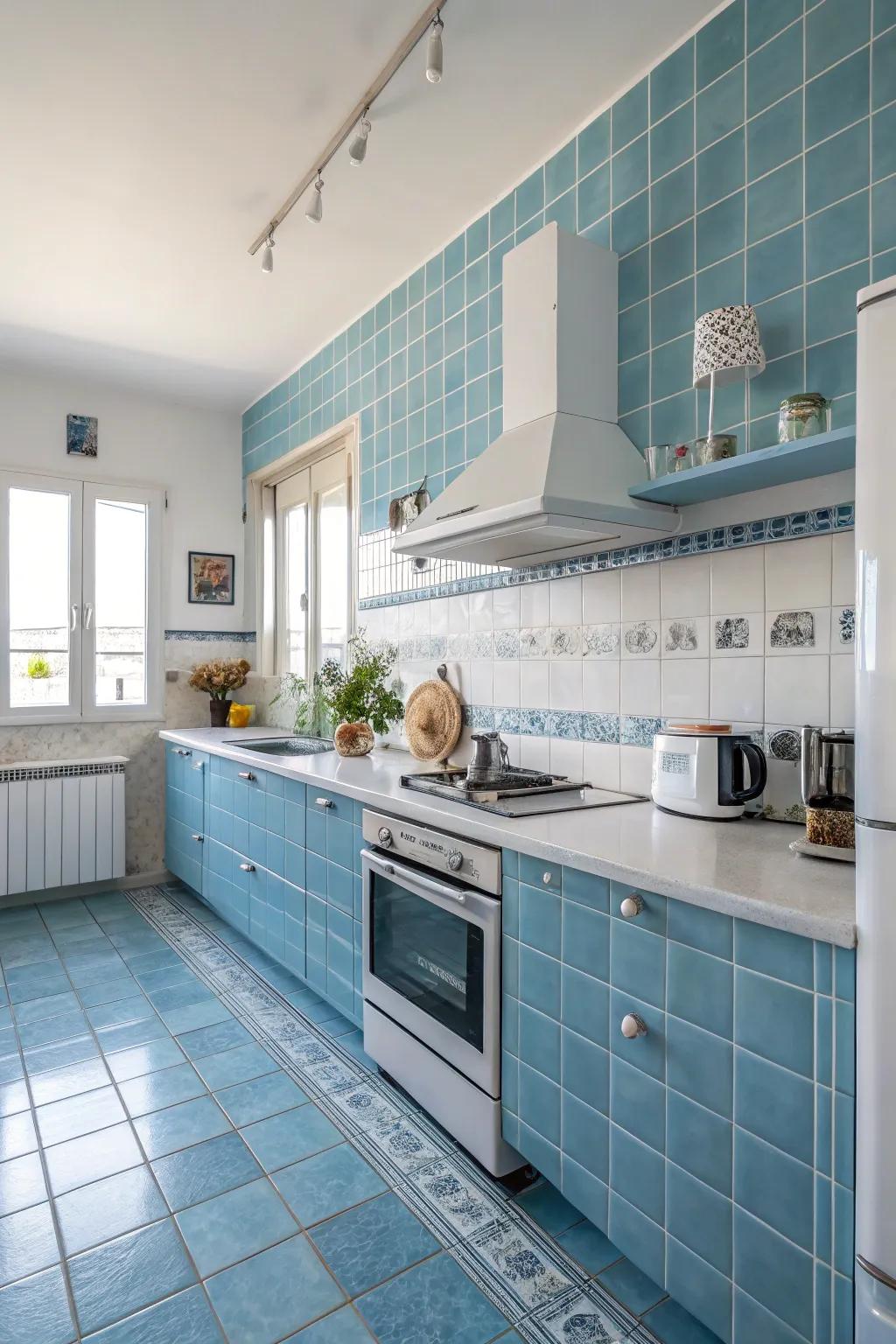 Calm blue tiles create a peaceful setting in this kitchen.