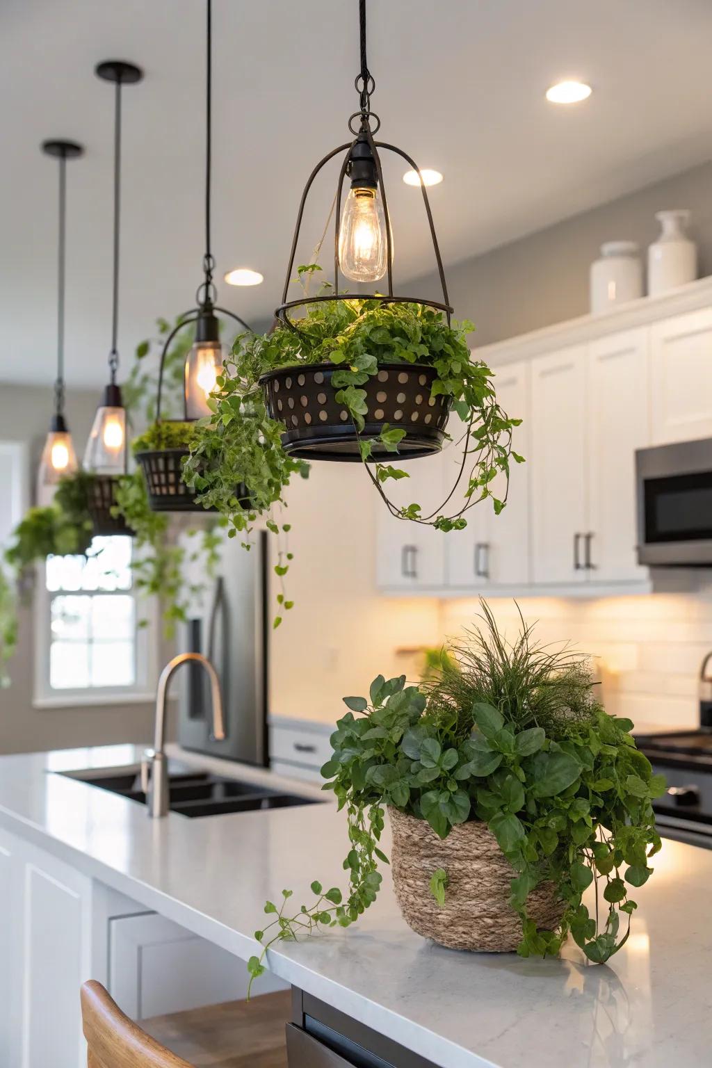 Innovate with suspended plant holders as a lighting alternative.