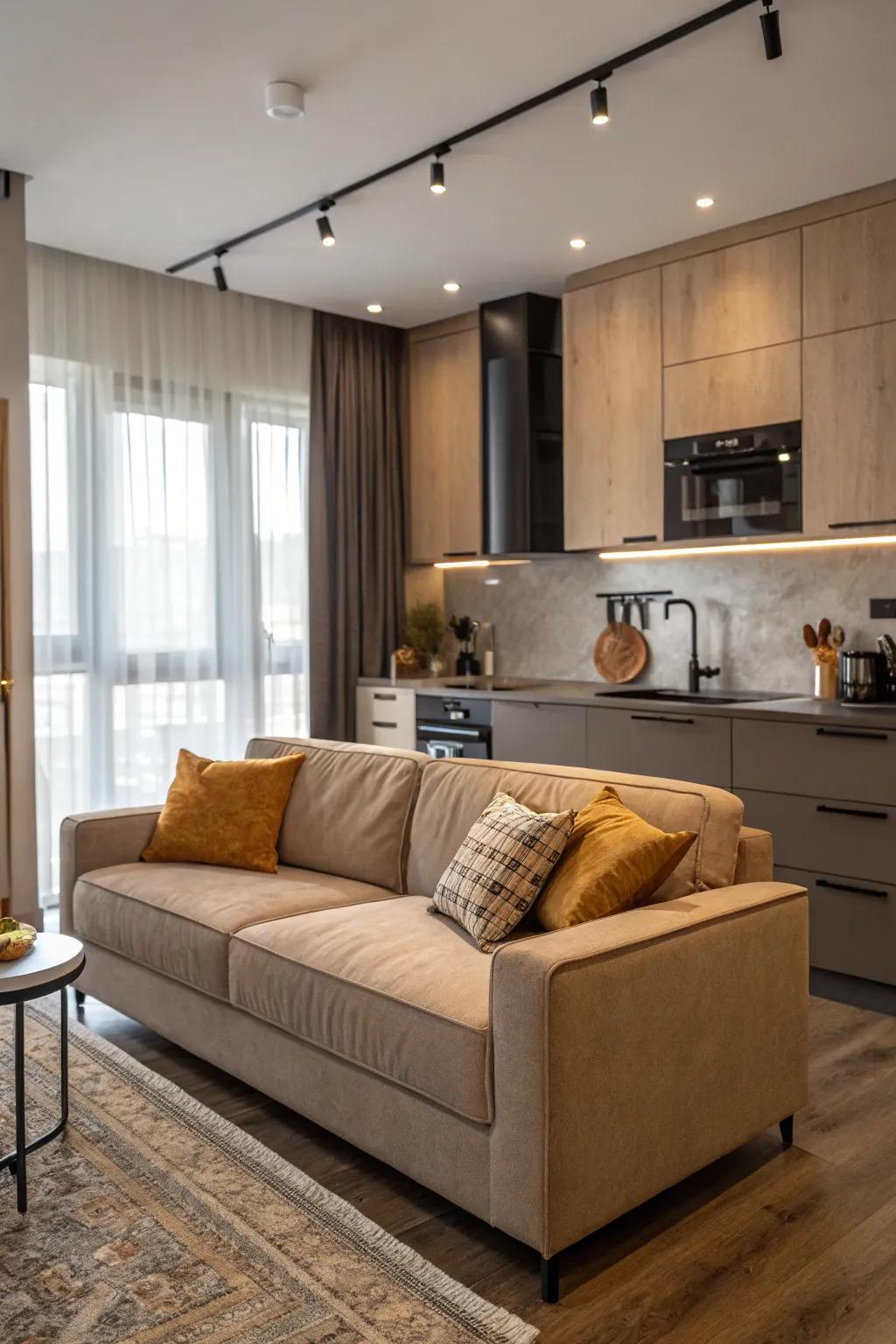 A kitchen featuring a couch that uses fade-resistant fabric, blending style with practicality.