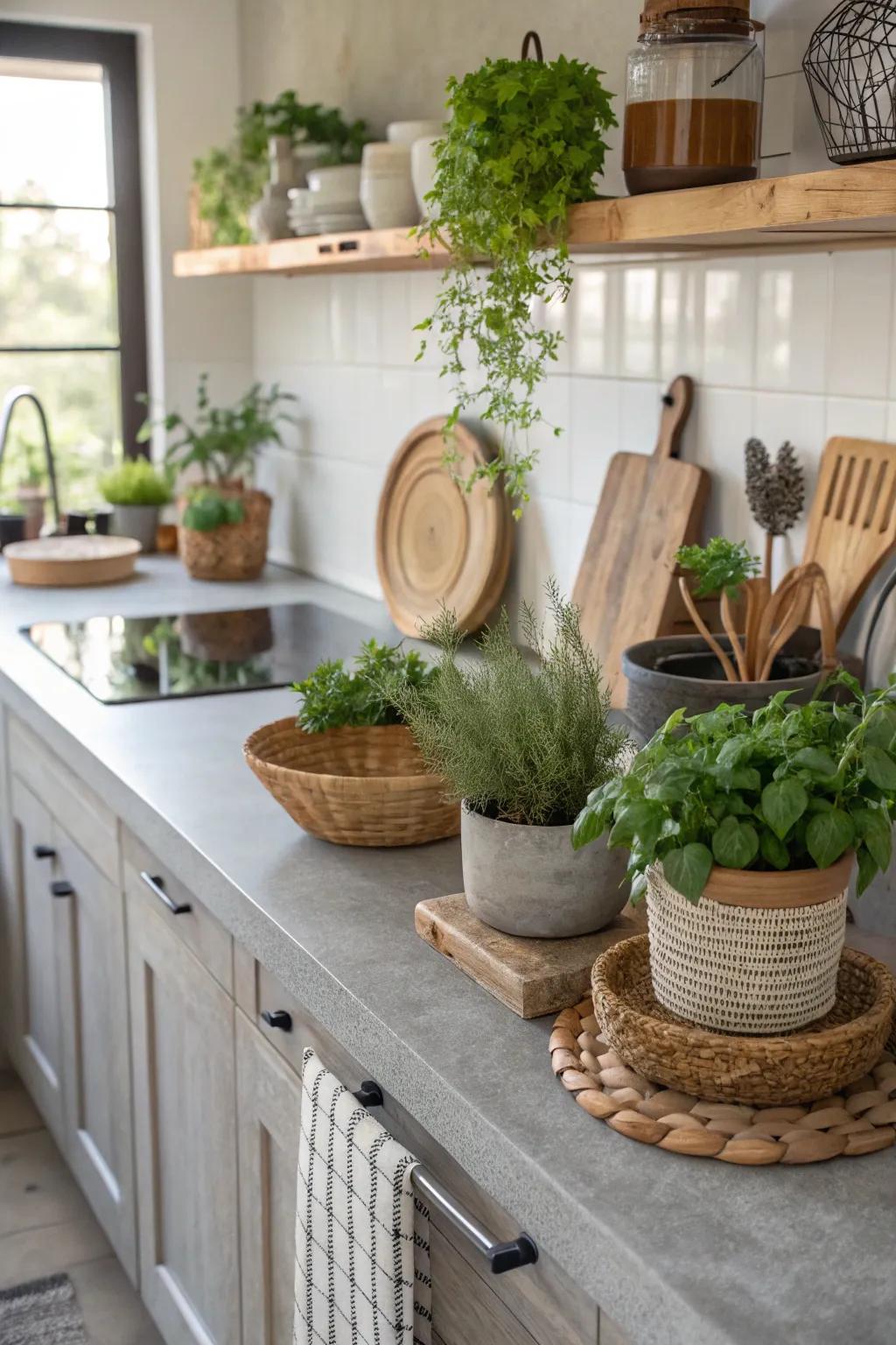A cooking area with cement worktops enhanced by natural features and greenery.