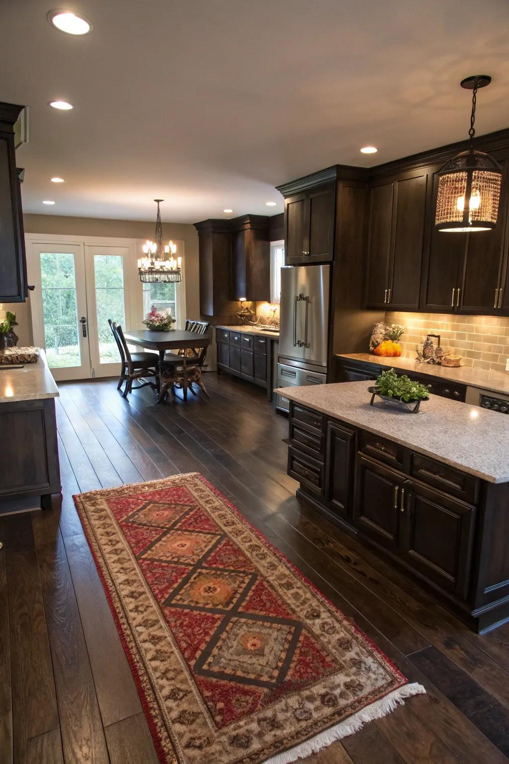 Zone floor coverings delineating spaces and enriching texture within this kitchen that features dark floors.