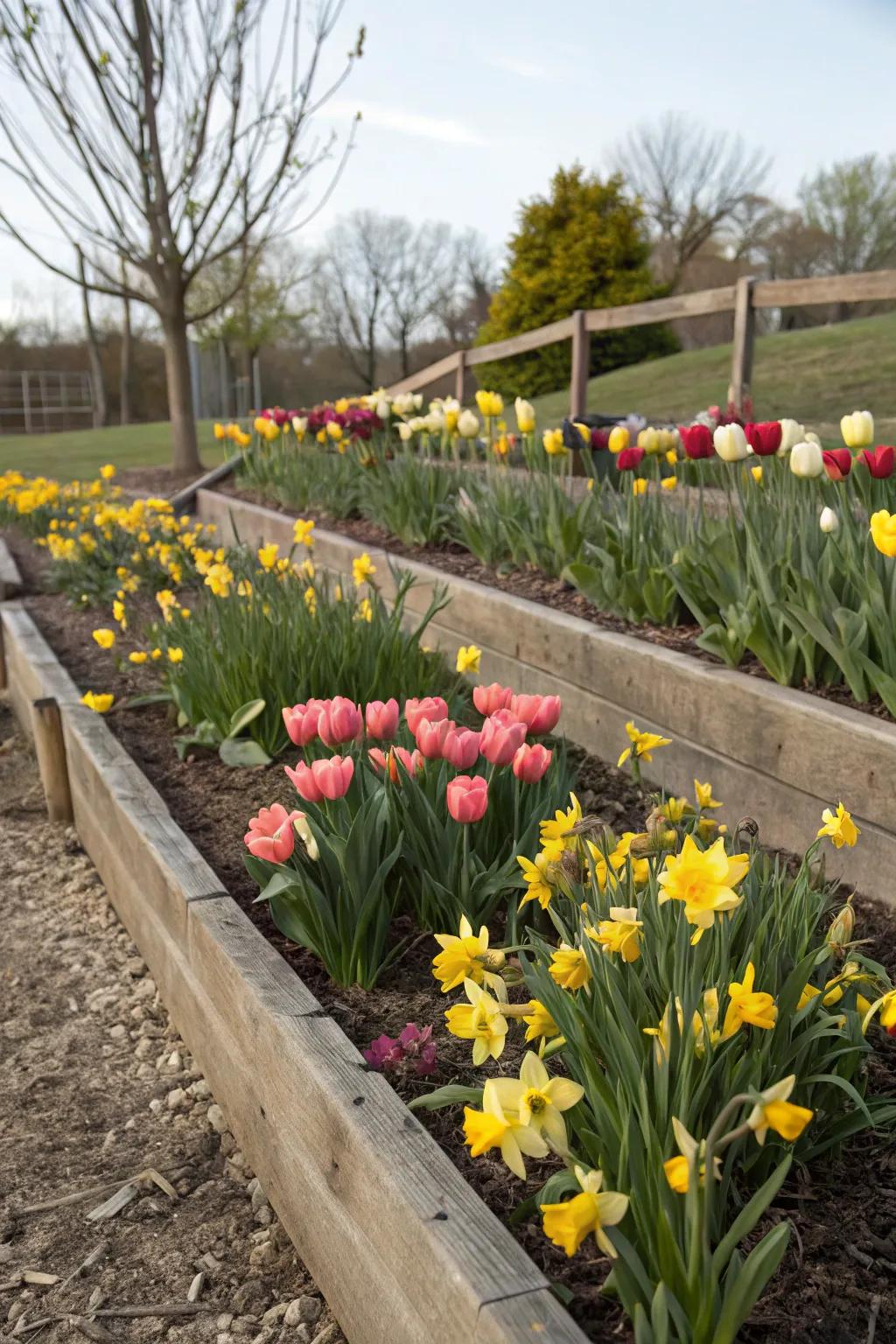 A garden bed displaying the layered planting technique with stratified bloomglows and sunshines.