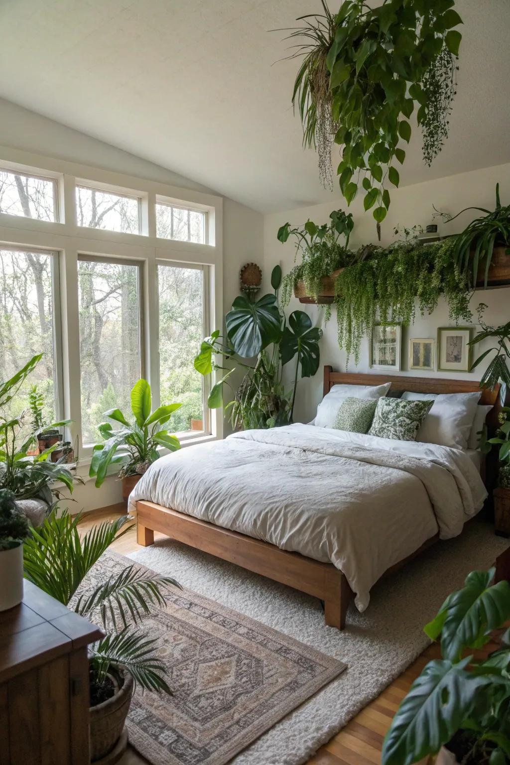 Greenery adds life and freshness to the bedroom.
