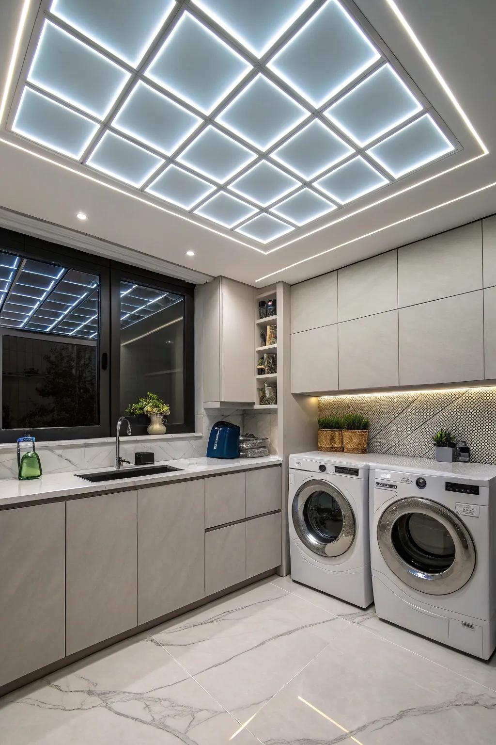 Illuminated ceiling panels evoke a futuristic feel to your laundry area.