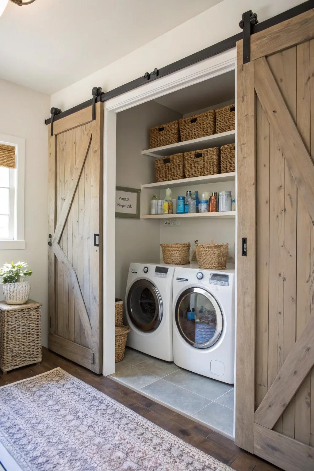 Sliding barn doors contribute charm and practicality to your laundry space.