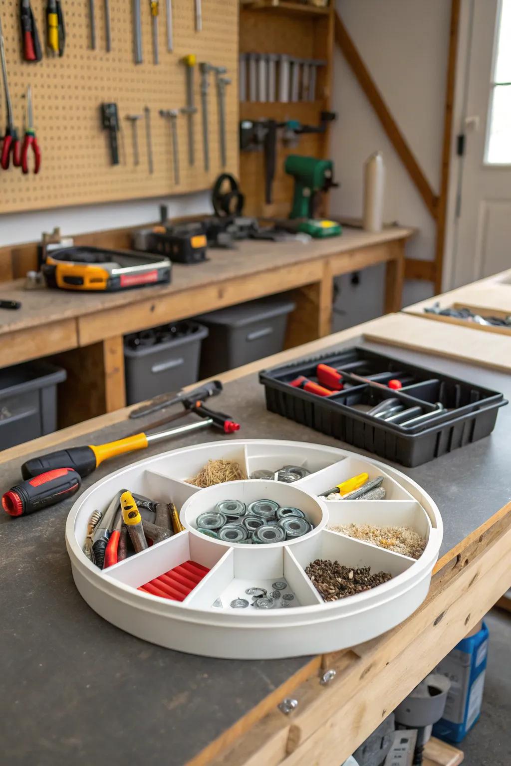 Keep your garage organized with a Lazy Susan for tools.