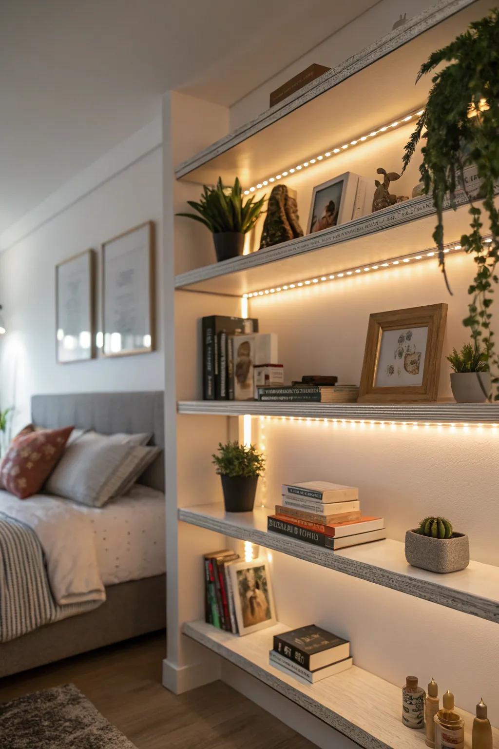 Accent lighting for shelves with <strong><em>LED</em></strong> strips.” loading=”lazy” class=”pimg”>
	</picture><figcaption>Accent lighting for shelves with <strong><em>LED</em></strong> strips.</figcaption></figure>
<p>To draw attention to books or other decorative objects, use <strong><em>LED</em></strong> strips to highlight your shelves. This technique gives your space more depth and layers, making it seem well-thought-out.</p>
<h3>These products might be useful:</h3>
<ul class=