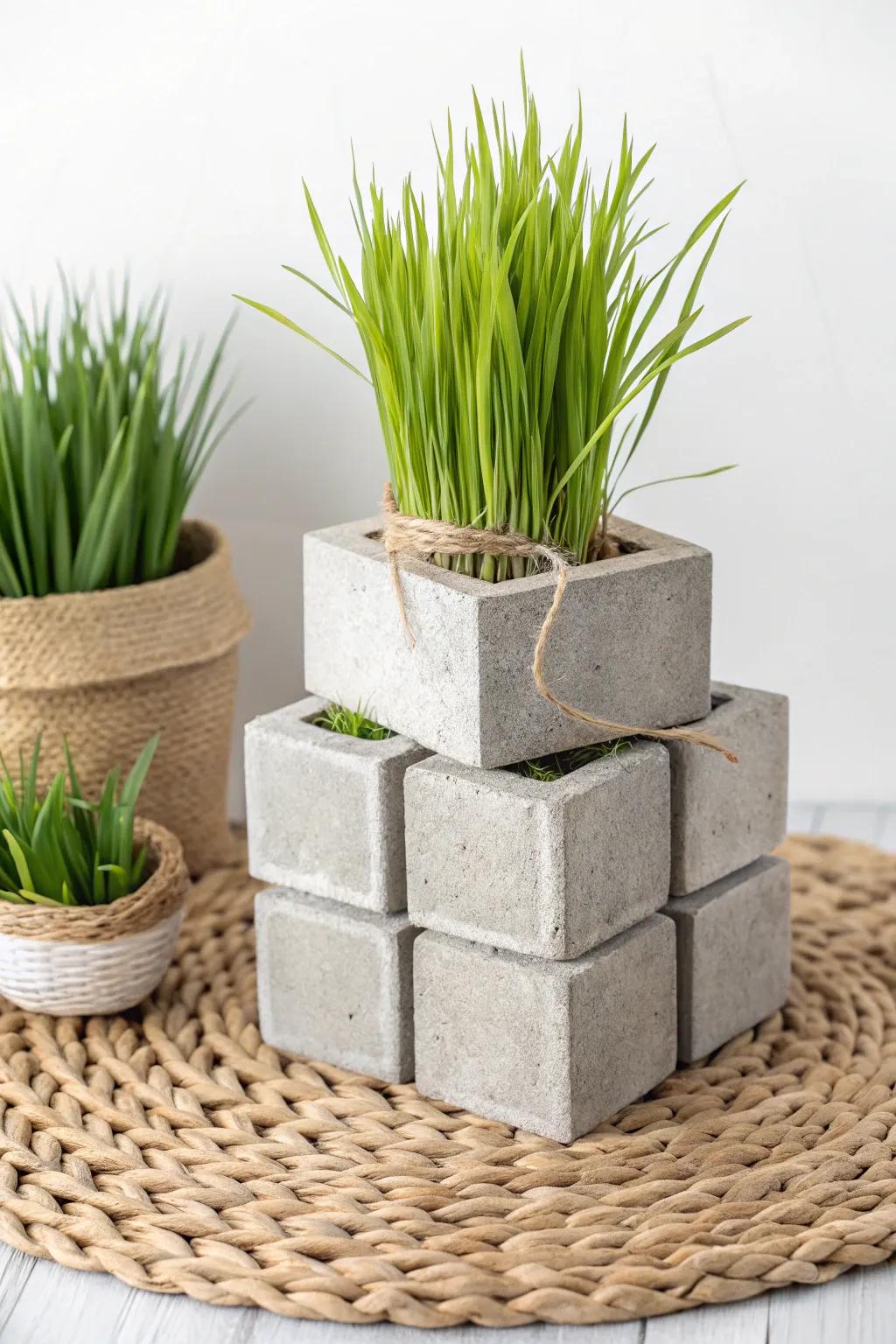 Transform your space with a chic cement block concept: a stylish blend of Scandinavian minimalism and boho charm, perfect for your lemon balm garden.